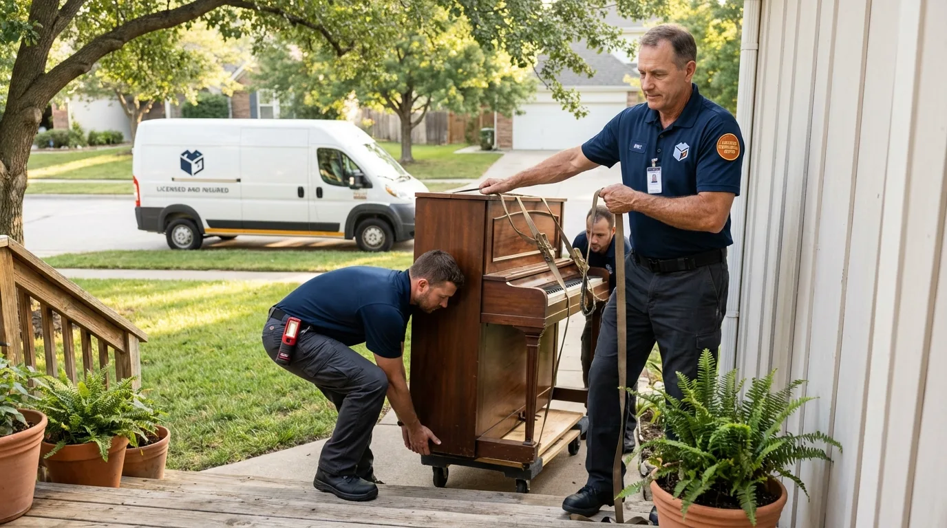 Licensed piano movers securing grand piano in Yreka, CA